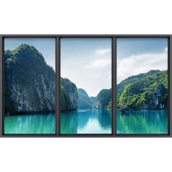 Papier peint panoramique Trompe l'œil baie vitrée - Vue mer et montagnes