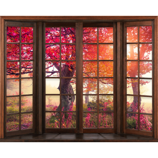 Papier peint panoramique Trompe l'œil Fenêtre en bois - Arbres feuilles rouges