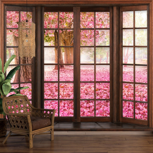 Papier peint panoramique Trompe l'œil Fenêtre en bois - Arbres fleurs roses