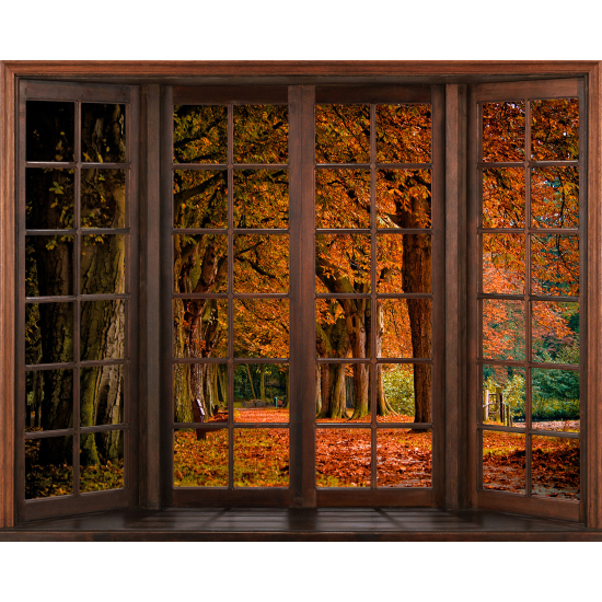 Papier peint panoramique Trompe l'œil Fenêtre en bois - Automne