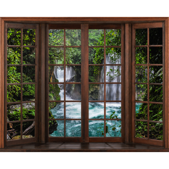 Papier peint panoramique Trompe l'œil Fenêtre en bois - Cascades