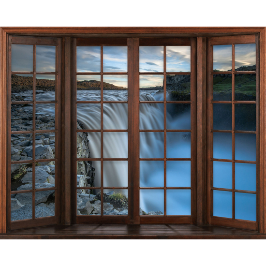 Papier peint panoramique Trompe l'œil Fenêtre en bois - Cascades