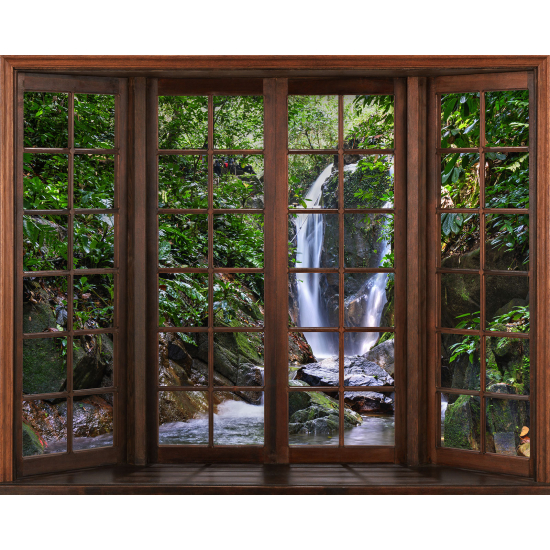 Papier peint panoramique Trompe l'œil Fenêtre en bois - Cascades