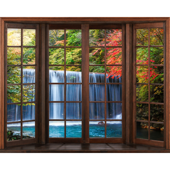 Papier peint panoramique Trompe l'œil Fenêtre en bois - Cascades