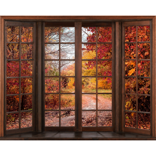 Papier peint panoramique Trompe l'œil Fenêtre en bois - Chemin automne