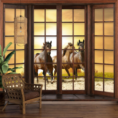 Papier peint panoramique Trompe l'œil Fenêtre en bois - Chevaux