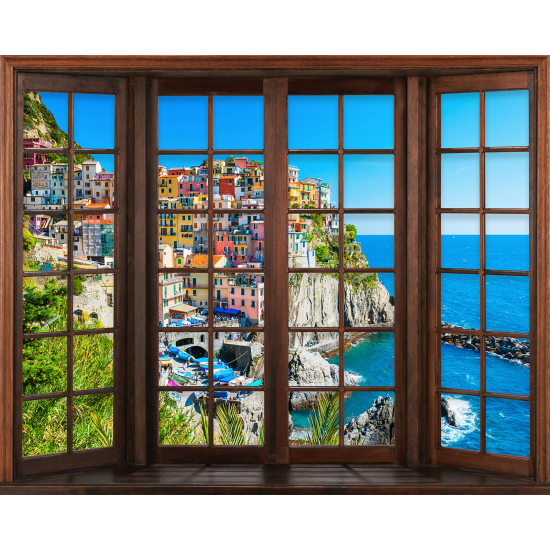 Papier peint panoramique Trompe l'œil Fenêtre en bois - Cinque Terre