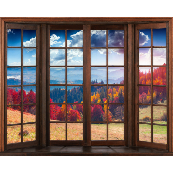 Papier peint panoramique Trompe l'œil Fenêtre en bois - Forêt automne