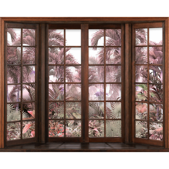 Papier peint panoramique Trompe l'œil Fenêtre en bois - Forêt Tropicale