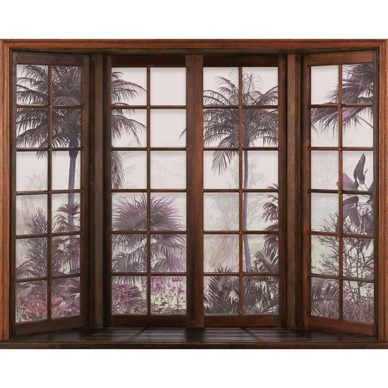 Papier peint panoramique Trompe l'œil Fenêtre en bois - Forêt Tropicale