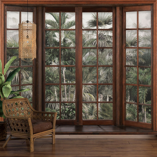 Papier peint panoramique Trompe l'œil Fenêtre en bois - Forêt Tropicale
