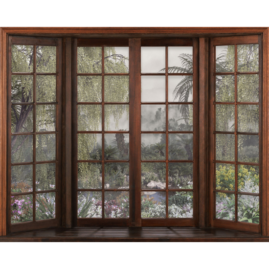 Papier peint panoramique Trompe l'œil Fenêtre en bois - Forêt Tropicale