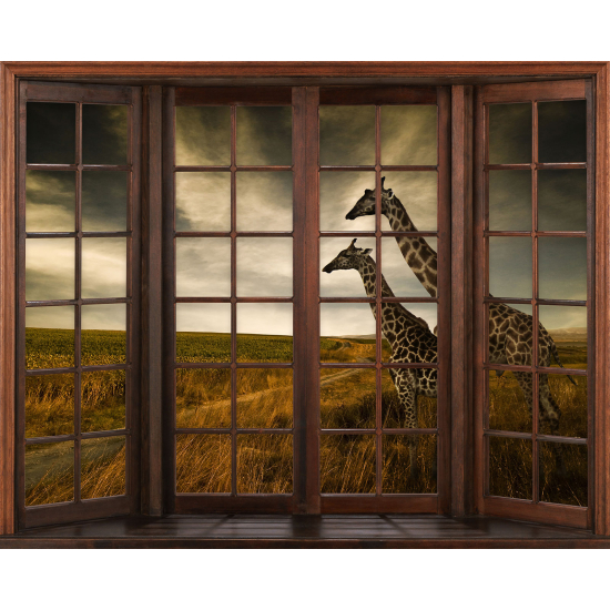 Papier peint panoramique Trompe l'œil Fenêtre en bois - Girafes