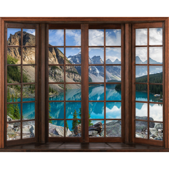 Papier peint panoramique Trompe l'œil Fenêtre en bois - Lac Montagnes