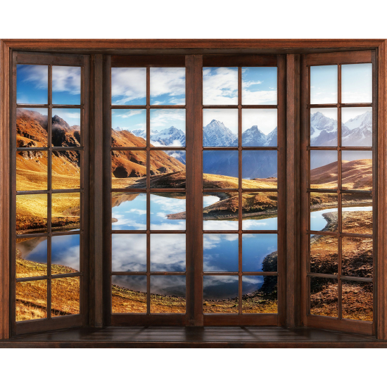Papier peint panoramique Trompe l'œil Fenêtre en bois - Lac Montagnes