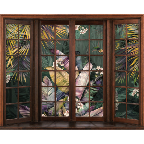 Papier peint panoramique Trompe l'œil Fenêtre en bois - Plantes tropicales