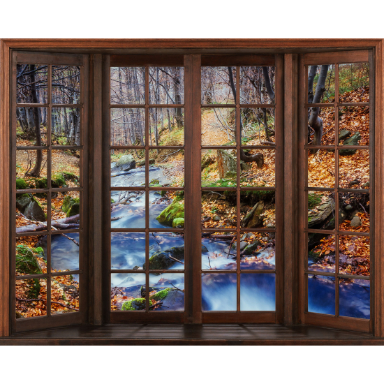 Papier peint panoramique Trompe l'œil Fenêtre en bois - Rivière