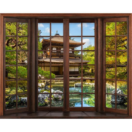 Papier peint panoramique Trompe l'œil Fenêtre en bois - Temple Japonais