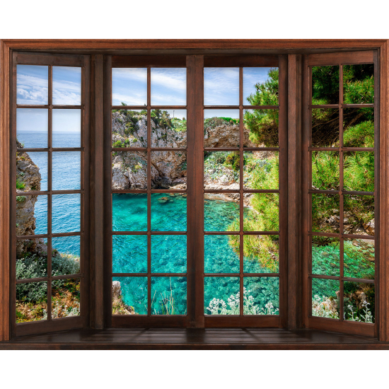 Papier peint panoramique Trompe l'œil Fenêtre en bois - Vue Mer
