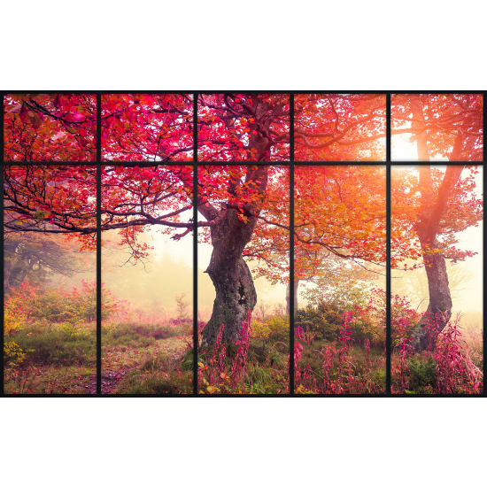Papier peint panoramique Trompe l'œil Verrière - Arbres feuilles rouges
