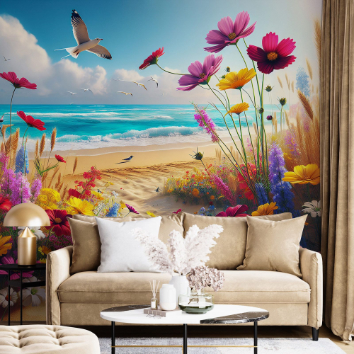 Papier peint panoramique - Vue Mer Fleurs