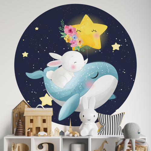 Papier peint rond / cercle Enfants - Lapin Baleine
