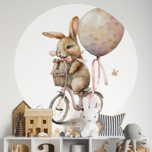 Papier peint rond / cercle Enfants - Lapin en Vélo