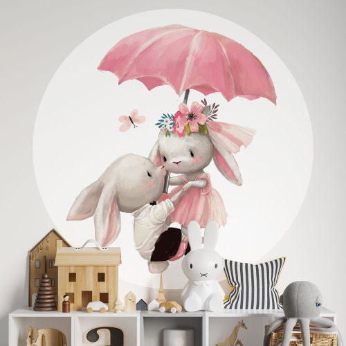 Papier peint rond / cercle Enfants - Lapins Parapluie