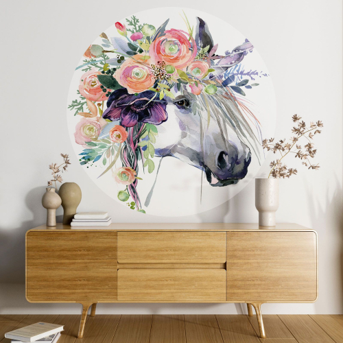 Papier peint rond / cercle Enfants - Licorne Fleurs
