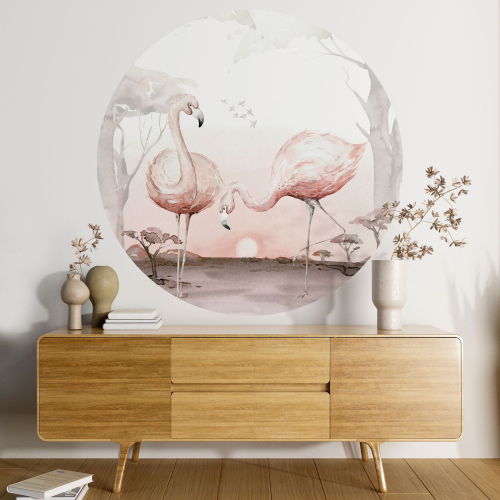 Papier peint rond / cercle - Flamants Roses