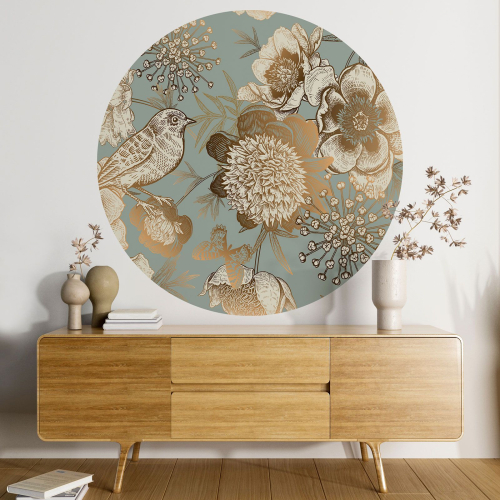 Papier peint rond / cercle - Fleurs Oiseau