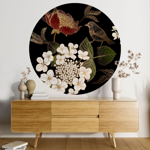 Papier peint rond / cercle - Fleurs Oiseau