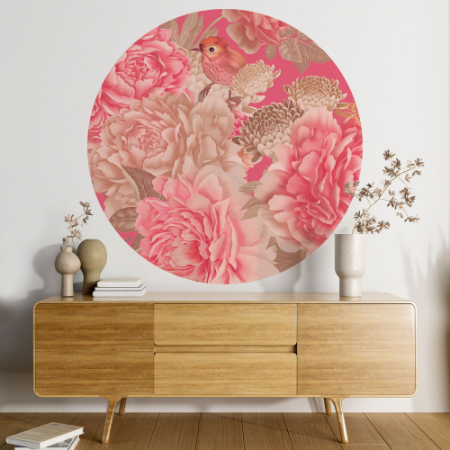 Papier peint rond / cercle - Fleurs Oiseau