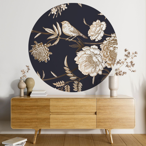 Papier peint rond / cercle - Fleurs Oiseau