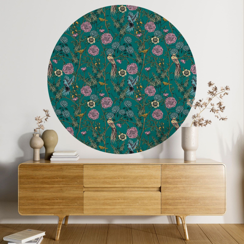 Papier peint rond / cercle - Fleurs Oiseaux