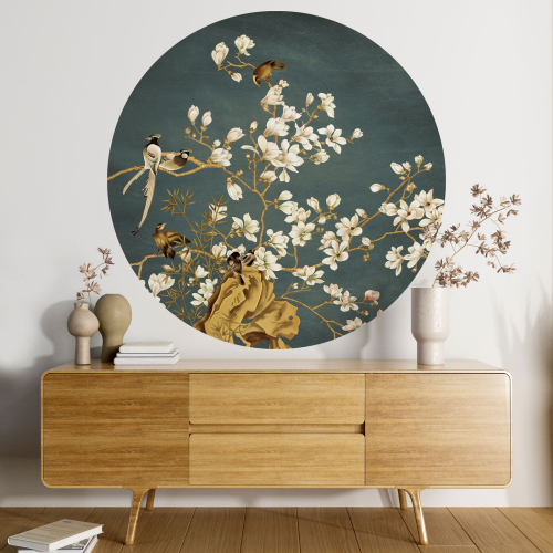 Papier peint rond / cercle - Fleurs Oiseaux