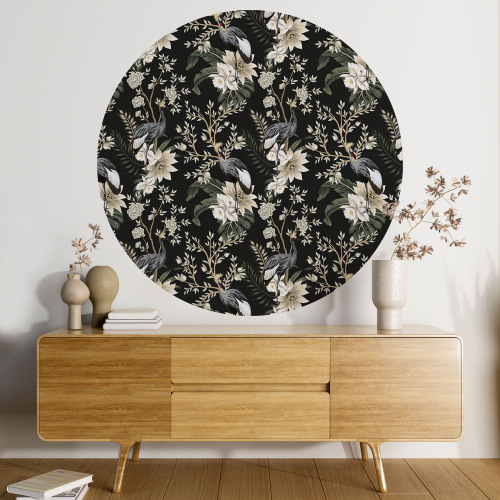 Papier peint rond / cercle - Fleurs Oiseaux - 207