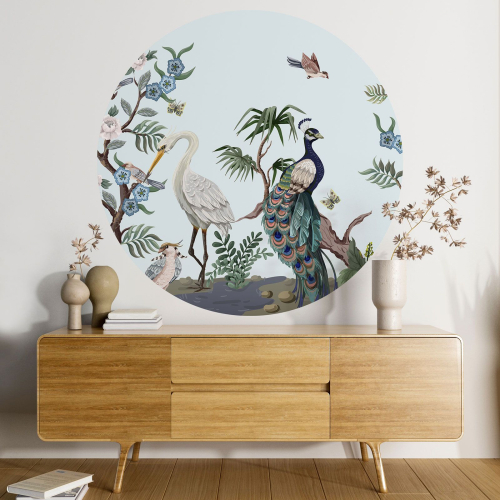 Papier peint rond / cercle - Fleurs Oiseaux