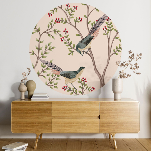 Papier peint rond / cercle - Fleurs Oiseaux