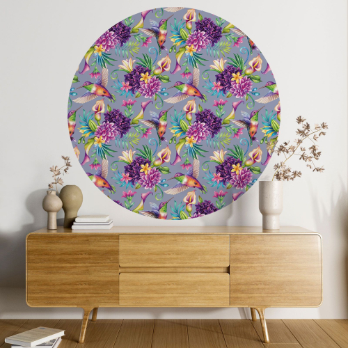 Papier peint rond / cercle - Fleurs Oiseaux - 221