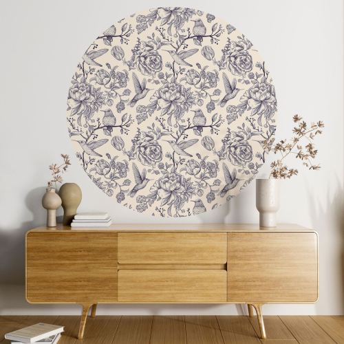 Papier peint rond / cercle - Fleurs Oiseaux - 306