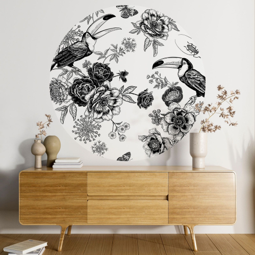 Papier peint rond / cercle - Fleurs Toucans