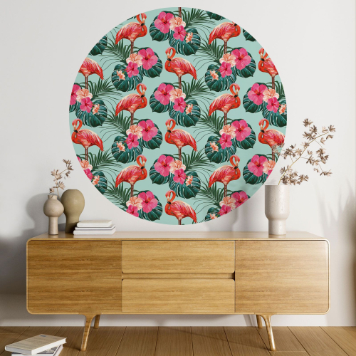 Papier peint rond / cercle - Motif Flamants Roses - 462