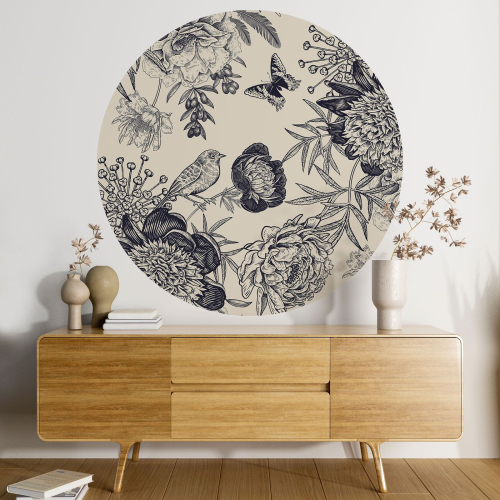 Papier peint rond / cercle - Motif floral